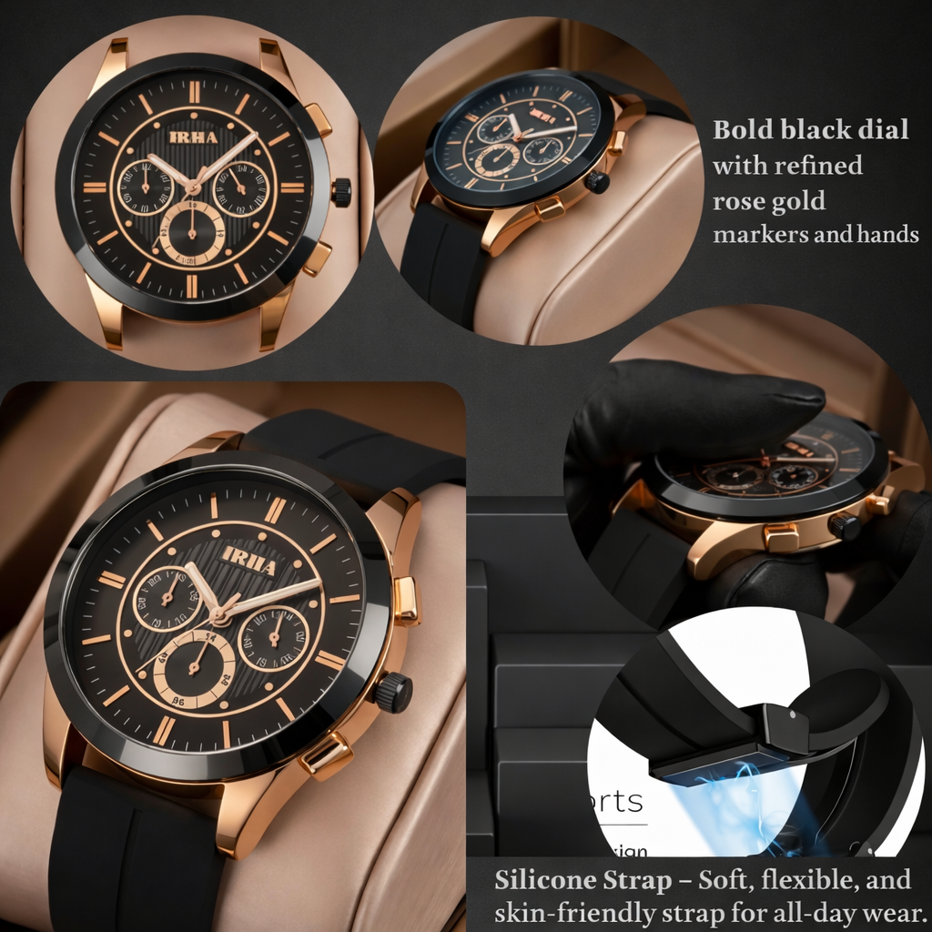 Men’s IRHA Designer Watch – Premium Black & Rose Gold Chronograph