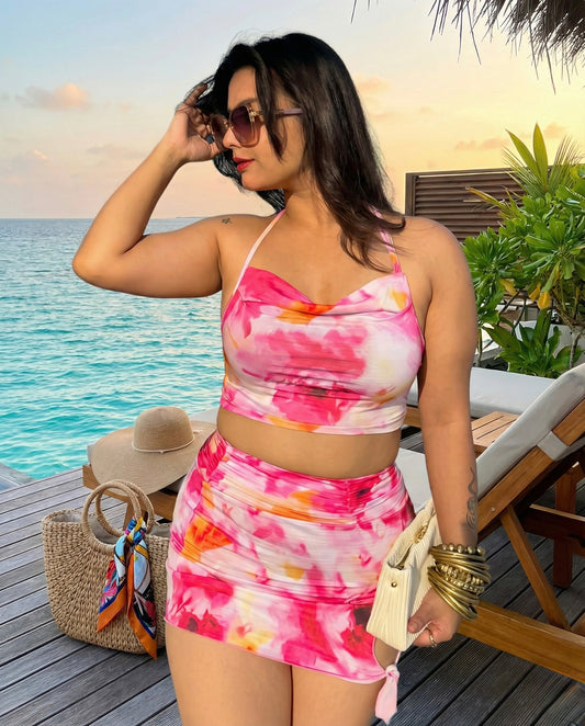 Sunset Bloom Ruched Halter Two-Piece Set