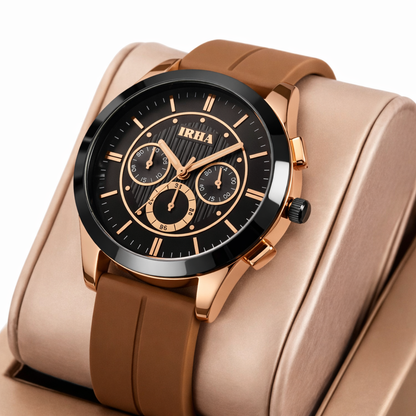 Men’s IRHA Designer Watch – Premium Black & Rose Gold Chronograph